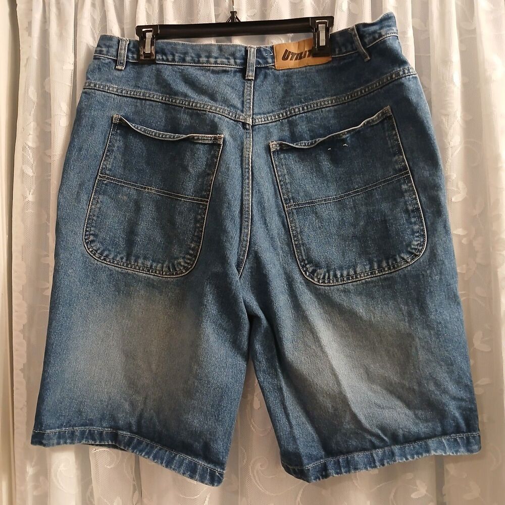 Men Size 38 Denim Jorts Baggy Retro Shorts By Utility Carpenter Faded Wide Leg